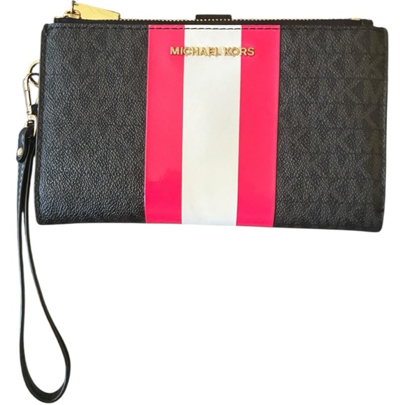 MICHAEL KORS Adele Logo Stripe Smartphone Wristlet Wallet Black Neon Pink New!